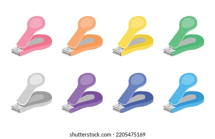 Set of multicolor baby nail clipper clipart. Simple cute nail trimmer for cutting baby nails flat vector illustration isolated on white. Colorful nail clipper cartoon style icon. Kids, baby shower