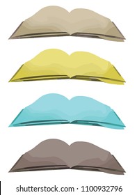 Set with multi-color books on white background. Blue, beige, yellow and grey opened books isolated. Library vector illustration for school banner or game. Reading hobby or for education.