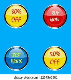 Set of multicolor buy now, best price, 30% off, 50% off buttons