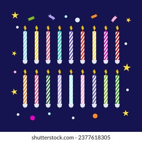 Set of multicolor candles, stars and confetti on a dark background. For the design of cards, invitations, banners. The concept of celebrating Christmas, New Year, Birthday. Vector illustration.