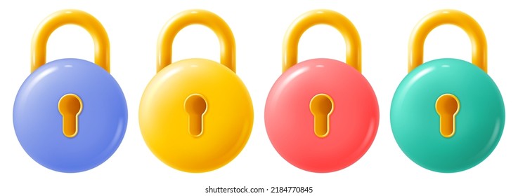 Set of multicolor circle padlocks with keyholes. Conceptual icons of security, protection, privacy e.t.c. Realistic but minimalistic style. Vector 3d illustration