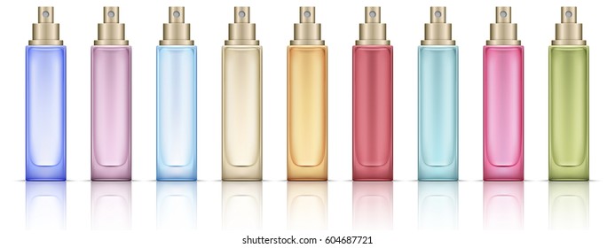 Set of multicolor cosmetic bottles on white background whith reflection. Vector illustration.