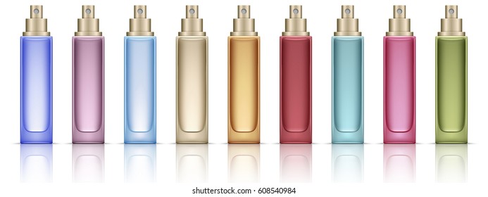 Set of multicolor cosmetic bottles on white background. Vector illustration.