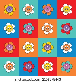 Set of multicolor daisies with smiling faces in  vintage pop art style. Retro vector illustration print for graphic tee t shirt or poster sticker. EPS 10