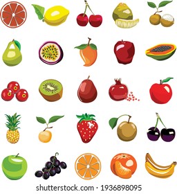 Set of multicolor different kind of fruits flat style icons. 100% version illustration cartoons, isolated on white.