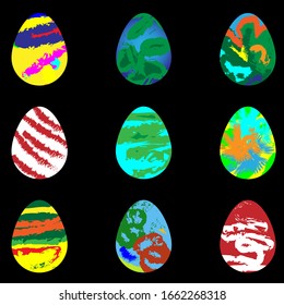 Set of multicolor Easter eggs. Collection of eggs in the form of planets. Traditions. Unusual drawings.
Religious symbolism. Painted eggs.
Isolated.
Vector illustration