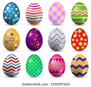 Set of multicolor Easter eggs with different texture on a white background. Spring holiday