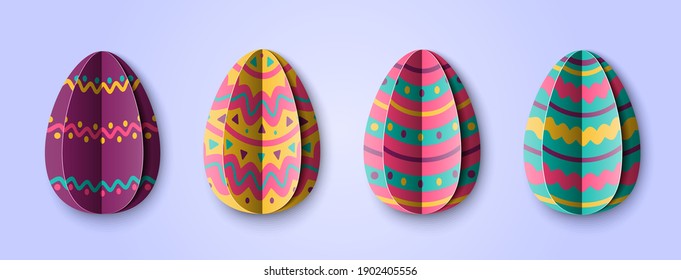 Set with multicolor Easter Eggs in Paper cut style. Origami elements isolated on a blue background. Vector illustration