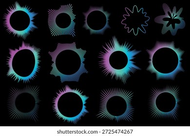 Ein Satz mehrfarbiger Entzerrer aus Bündeln von Strahlen. Radialer Klang, Neonklangwellen. Musiksymbol, kreisförmige Schallwellen, digitale Kommunikation. 
