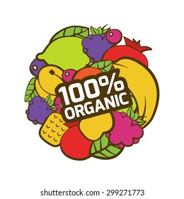 Set of multicolor fruits in circle shape. Natural organic food label, sticker. Healthy food illustration background.