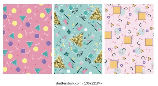 Set of  multicolor geometric shapes pattern in retro, memphis 80s - 90s style