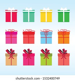 Set of multicolor gift box with ribbon for happy new year or xmas design vector illustration on light background.