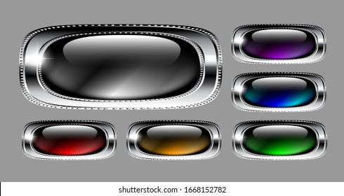 Set of multicolor glossy rectangular backgrounds with a silver frame. Vector illustration