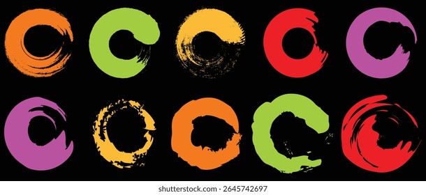 Set of multicolor grunge circle shapes on a white background. Paint brush stamp collection. Vector brush circle. Grunge round shape, colored paint brush circle, paint brush outline, multicolor outline