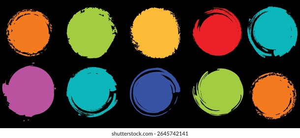 Conjunto de formas de círculos grunge multicoloridos em um fundo branco. Pinte a coleção de carimbos com pincel. Círculo do pincel vetorial. Forma redonda grunge, círculo de pincel colorido