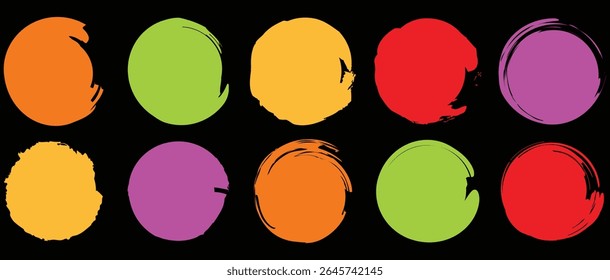 Set of multicolor grunge circles shapes on a white background. Paint brush stamp collection. Vector brush circle. Grunge round shape, colored paint brush circle