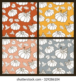 Set of multicolor hand drawn seamless vector pattern with linear style pumpkins. Thanksgiving background. Autumn harvest illustration. Doodle print design.