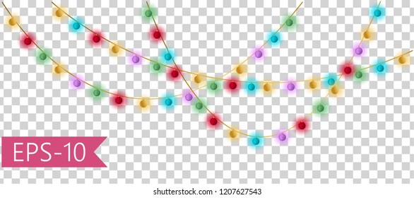 Set of multicolor lamps garlands, festive decorations. Glowing christmas lights isolated on transparent background. Vector. EPS-10