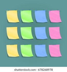 Set of multicolor memo, post it note collection isolated on green background. Vector illustration design.