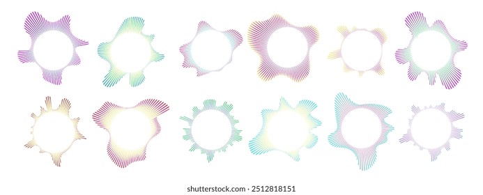 Set of multicolor neon circular sound waves. Sound lines, radial spectrum, sound equalizers. Circular geometric wavy frame. Radial spectrum. Vector illustration.