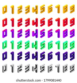 Set of multicolor numbers in isometric style. Isolated on white background. Yellow, red, purple, green, blue, gray colors