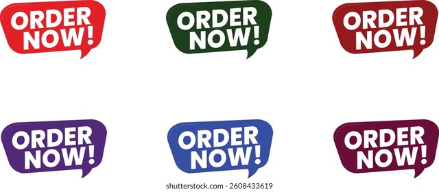 Set of Multicolor "Order Now!" Speech Bubbles – Bold Flat Design Icons in Red, Green, Blue, Purple, and Maroon for Web Banners, Online Stores, Ecommerce Promotions, and Call-to-Action Graphics

