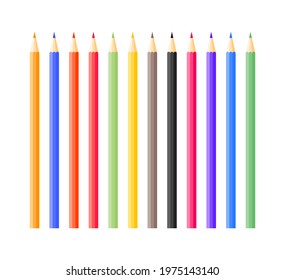 Set of multicolor pencils isolated on white background. Vector illustration. Basic color pencils for school children, etc.