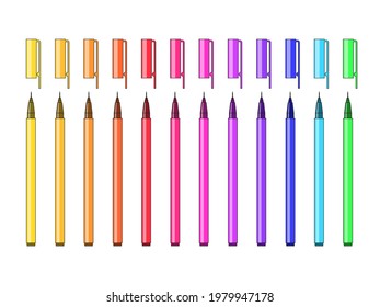 A set of multicolor pens isolated on white background. Collection of creative stationery. Vector illustration