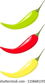 Set of multicolor peppers isolated on white background, spicy vegetables, delicious dietary product. Red, green, yellow