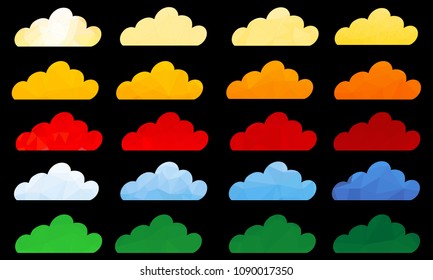 Set multicolor polygonal clouds icon. Abstract vector graphic illustration composed of triangles.