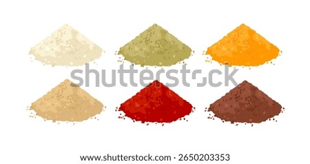 Set of multicolor powders. Heaps of different spices. Vector cartoon flat illustration.