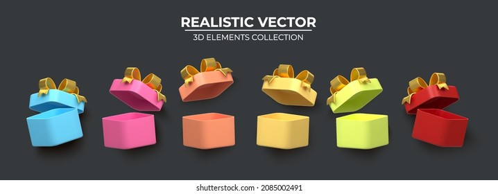 Conjunto de caja de regalo multicolor vacío realista con arco dorado. Colección de regalos realistas . Objeto de representación 3d decorativo alegre y colorido. Aislado sobre fondo blanco. ilustración vectorial