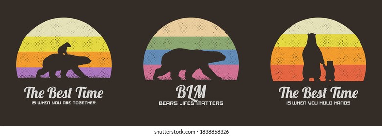 Set of multicolor retro illustrations with silhouettes of polar bears. Animal mother and child. Texture backgrounds with big endangered animals in wild. Vector vintage design for print, t-shirt