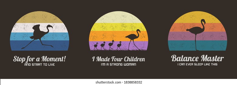 Set of multicolor retro illustrations with silhouettes of flamingos. Animal mother and children. Texture backgrounds with endangered bird in wild. Vector vintage designs for prints, t-shirts