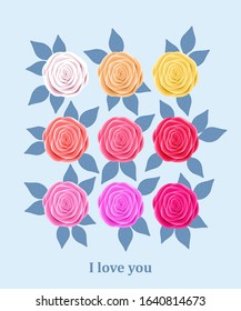 Set of multicolor  roses. Valentine's day greeting card. vector illustration