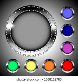 Set of multicolor round backgrounds with a decorated silver frame. Vector illustration