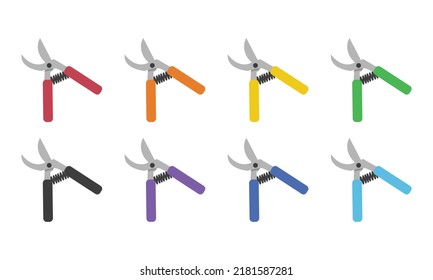 Set of multicolor secateurs pruner flat icon for web. Simple pruners vector design. Red pruning shears, garden hand pruners, pruning scissors, garden scissors web icon. Garden concept clipart logo