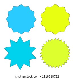 Set of multicolor starburst stamps on white background. Badges and labels various shapes.  Vector illustration