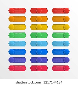 set of multicolor switch interface hexagonal buttons with text boxes. 3d realistic infographic slider. easy to edit and costomize vector illustration. eps10