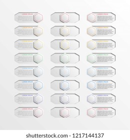 set of multicolor switch interface hexagonal buttons with text boxes. 3d realistic infographic slider. easy to edit and costomize vector illustration. eps10