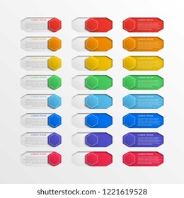 set of multicolor switch interface hexagonal buttons with text boxes. 3d realistic infographic slider. easy to edit and costomize vector illustration. eps10