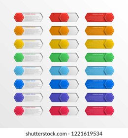 set of multicolor switch interface hexagonal buttons with text boxes. 3d realistic infographic slider. easy to edit and costomize vector illustration. eps10