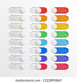 set of multicolor switch interface hexagonal buttons with text boxes. 3d realistic infographic slider. easy to edit and costomize vector illustration. eps10