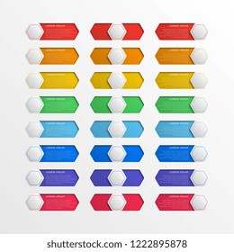 set of multicolor switch interface hexagonal buttons with text boxes. 3d realistic infographic slider. easy to edit and costomize vector illustration. eps10