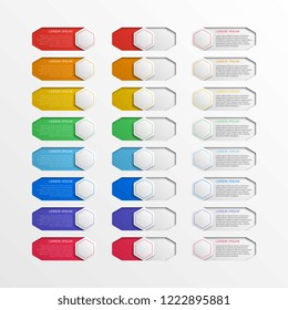 set of multicolor switch interface hexagonal buttons with text boxes. 3d realistic infographic slider. easy to edit and costomize vector illustration. eps10