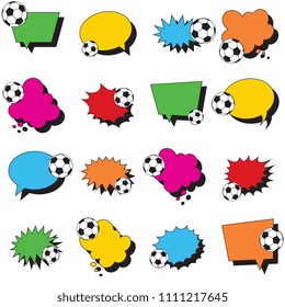set of multicolor think clouds, speech and explosion bubbles with soccer balls