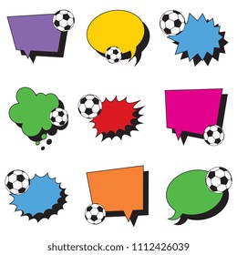 set of multicolor think clouds, speech and explosion bubbles with soccer balls