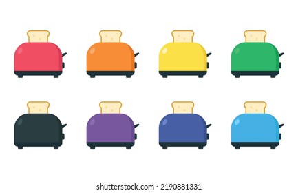 Set Of Multicolor Toaster Icon Clipart Vector Illustration. Pop Up Toaster Sign Flat Vector Design. Red Toaster Icon Isolated On White. Bread Toaster Cartoon Clipart. Kitchen Appliance Concept Symbol