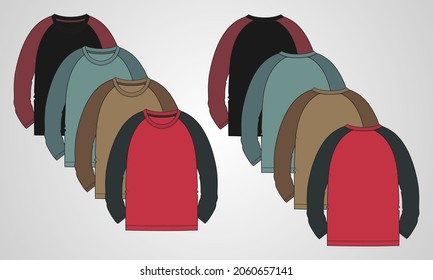 Set of multicolor Two tone cotton jersey Long sleeve Raglan T shirt technical fashion flat sketch vector Illustration template front, back views isolated on white. Basic apparel Design Mock up.