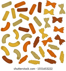 Set of multicolor types of pasta isolated on white background. Collection of uncooked macaroni. Farfalle, girandole, maccheroni and tortiglioni. Food of italian cuisine. Stock vector illustration